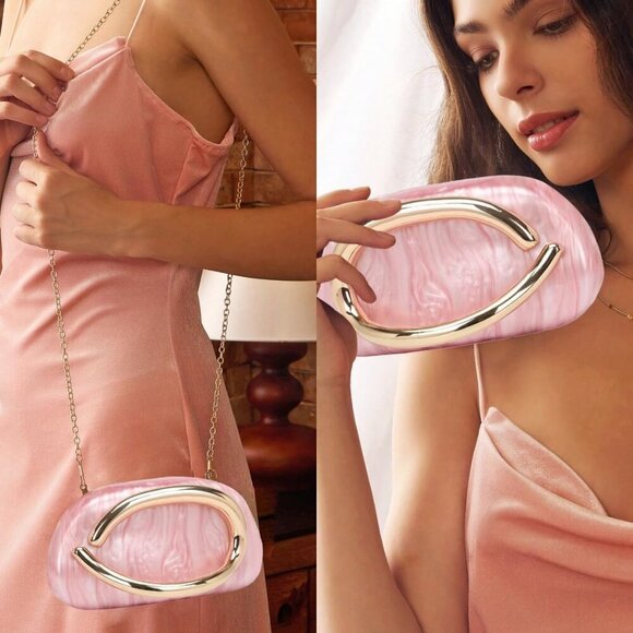 Chic Pink Acrylic Evening Clutch with Marble Texture - Wedding & Party Essential - Picture 3 of 6